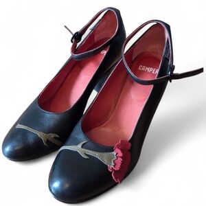 Camper Women's Leather Mary Jane Flower Print Feminine Preppy Shoes Black Sz 36